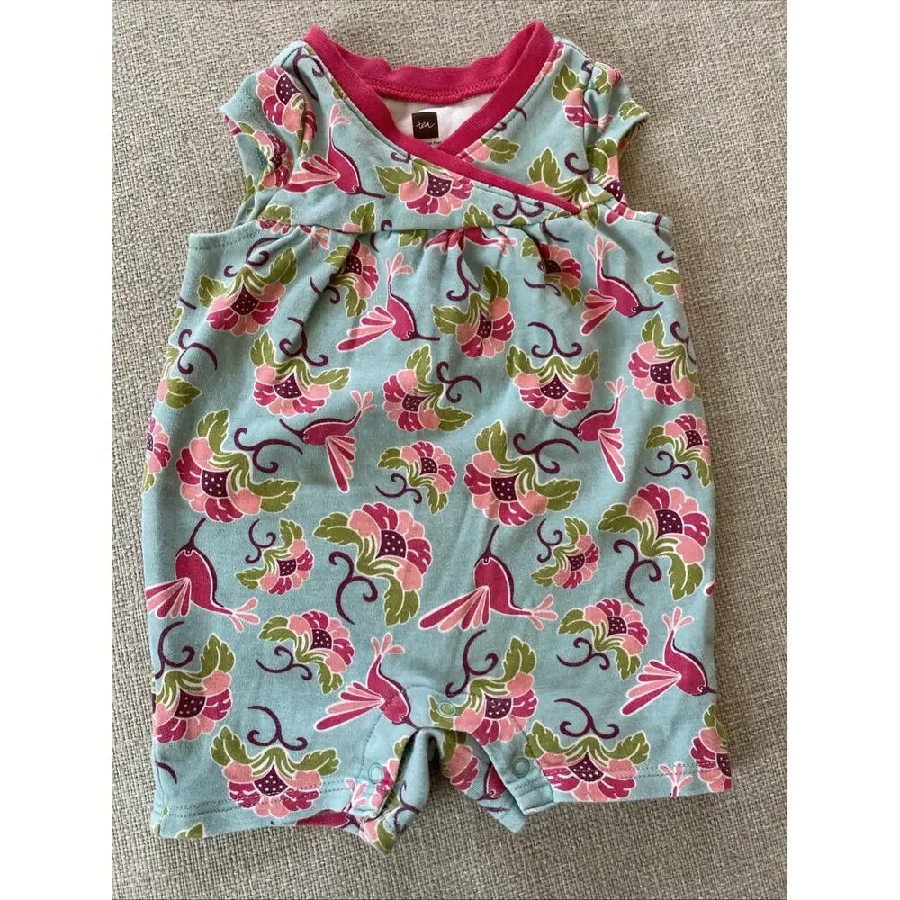 TEA Collection Summer Bubble Snap Romper XXS 0-3 Mths Pink Floral Hummingbird